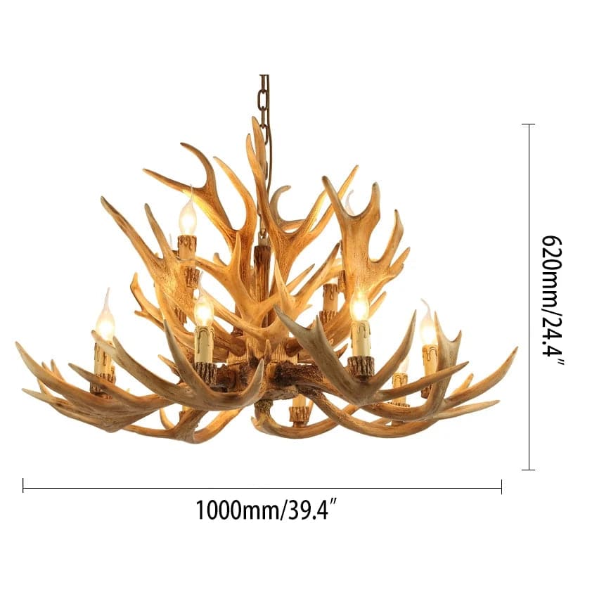 Lustre rustique à plusieurs niveaux en bois de cerf, 12 lumières, plafonnier en cascade en résine