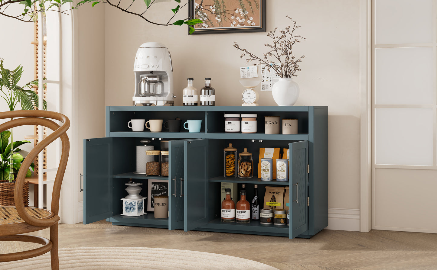 TREXM 4-door Classic Sideboard with Open Storage and Adjustable Shelves Perfect for kitchens, living rooms (Smoke Blue)
