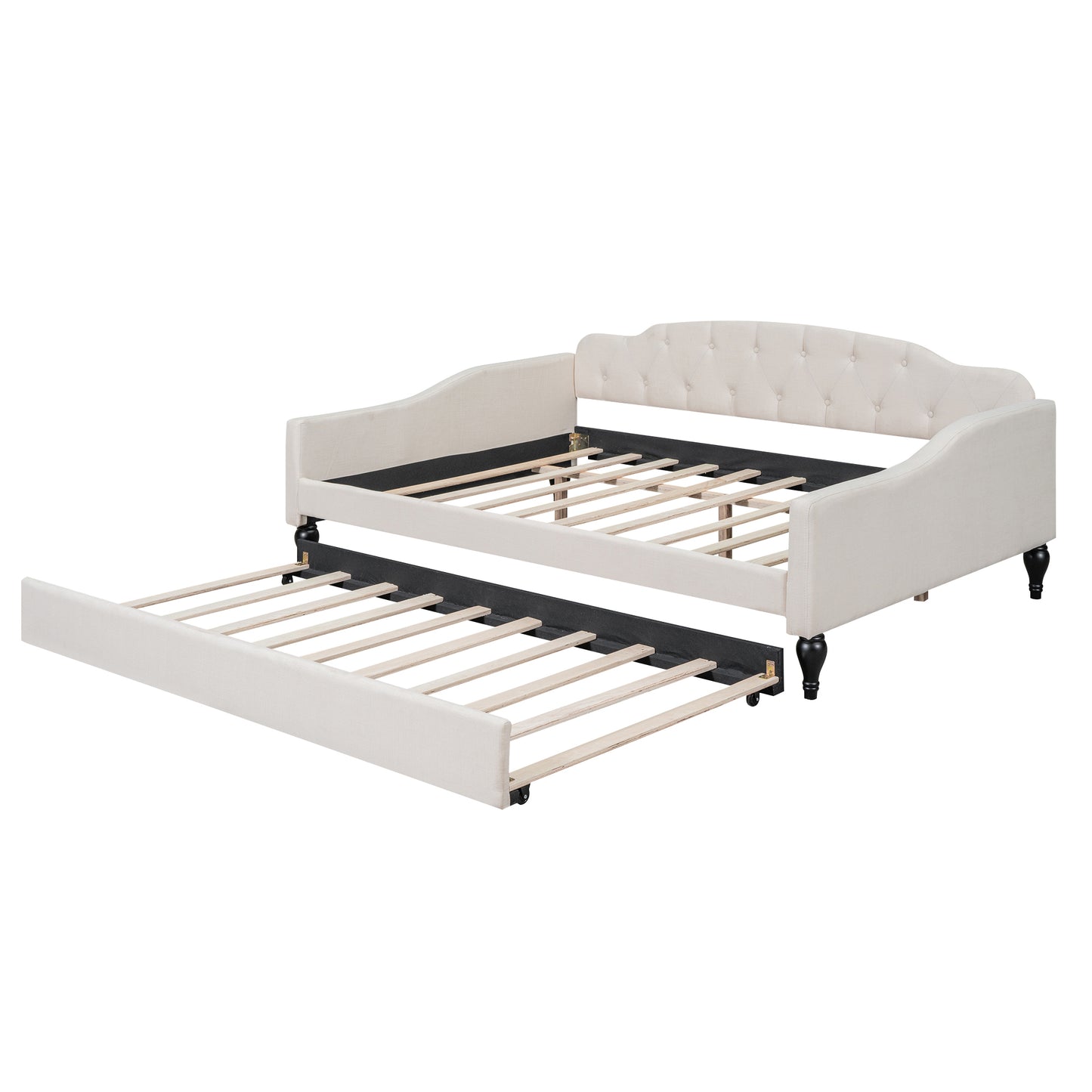 Lit de repos capitonné pleine taille avec lit gigogne simple, beige