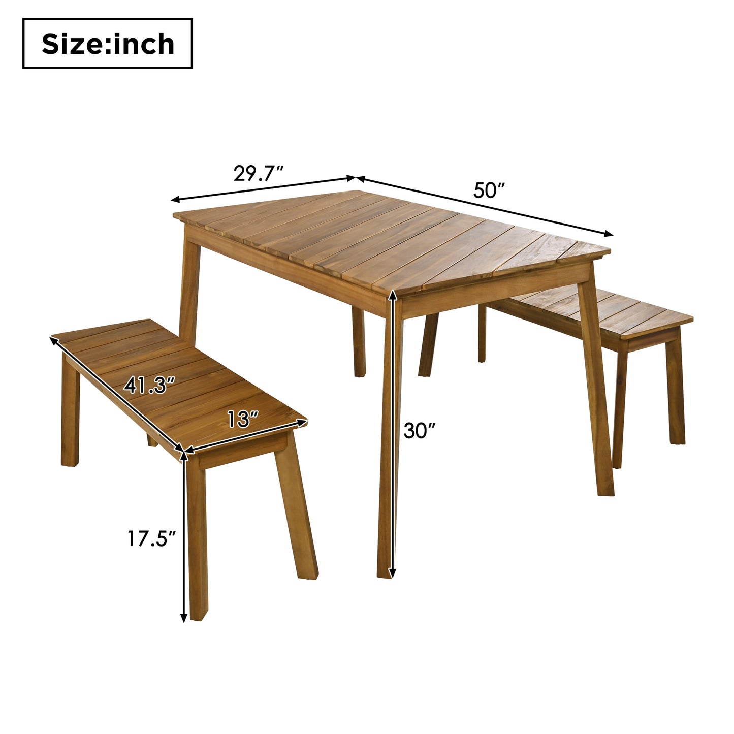 GO Ensemble de salle à manger 3 pièces en bois d'acacia pour mobilier d'extérieur et d'intérieur avec 2 bancs, table de pique-nique à bière pour terrasse, porche, jardin, bord de piscine, naturel