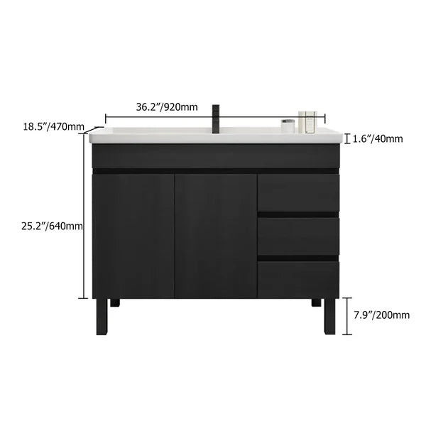 36 Inch Modern Black Bathroom Vanity Ceramics Single Sink Freestanding with 3 Drawers