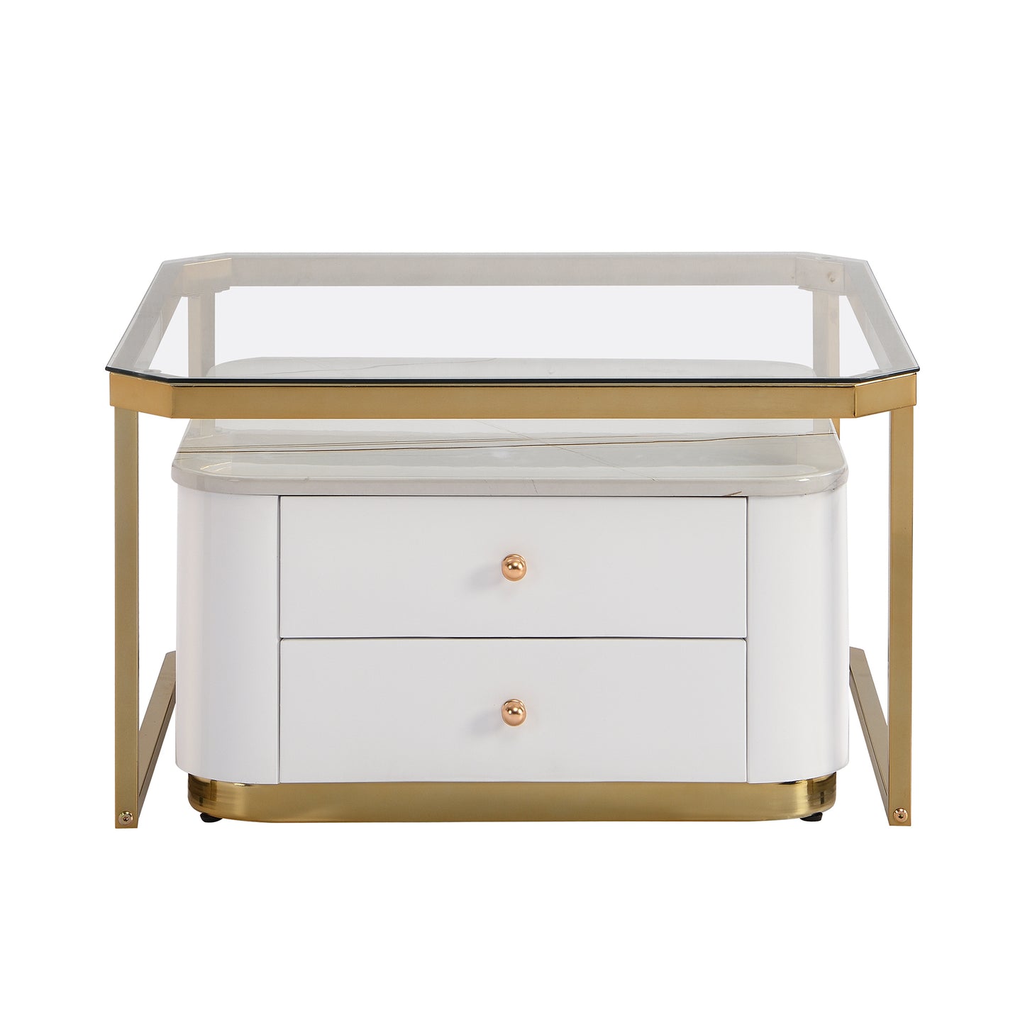Modern 2 Pieces White Square Nesting Coffee Table with Drawers & Electroplated gold legs in 27.6''