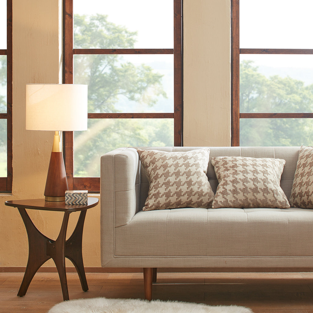 Mid-Century Table Lamp: Triangular Design with Espresso Wood Grain Finish and Metal Accents