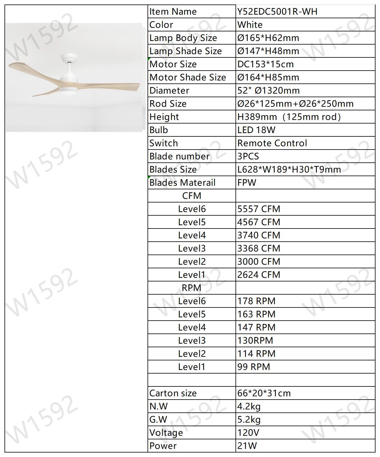 52" Ceiling Fan with Lights Remote Control,Quiet DC Motor 3 Blade Ceiling Fans 6 Speed Levels,Reversible Ceiling Fan, for Patio Living Room, Bedroom, Office,Indoor.(White +Natural)