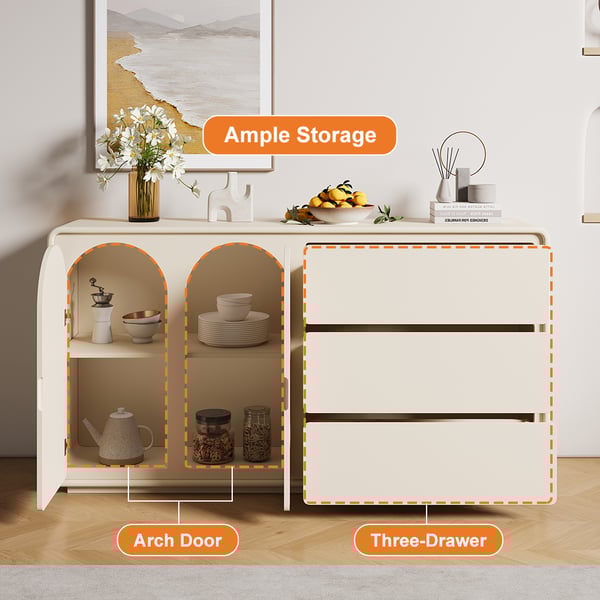 59" Modern Off White Sideboard Buffet with Storage Credenza Arch Door