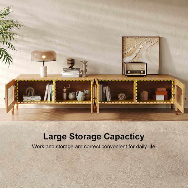 Meuble TV en bois naturel et acrylique de 78 pouces, console multimédia moderne rectangulaire en acier inoxydable