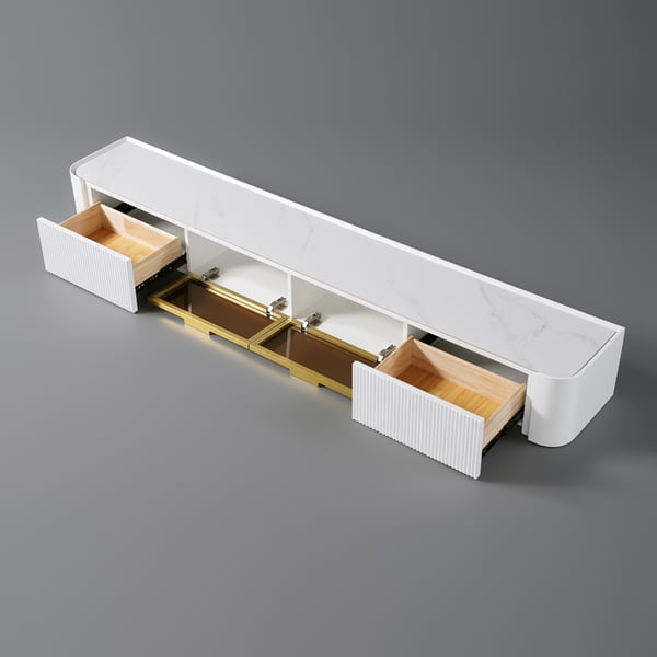 Wall-Mounted Fluted TV Stand with 2 Drawers and Flip Glass Doors Stone Top Media Console