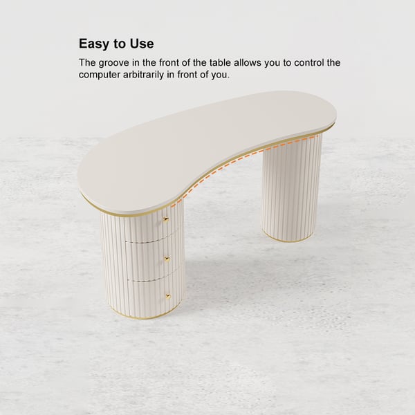 Bureau incurvé moderne blanc cassé de 55,1 pouces, bureau à domicile en bois à 3 tiroirs, double piédestal