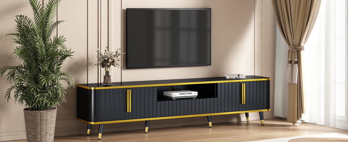 ON-TREND Meuble TV minimaliste de luxe avec étagère de rangement ouverte pour téléviseurs jusqu'à 85", centre de divertissement avec armoires et tiroirs, console multimédia pratique avec pieds uniques pour le salon, noir