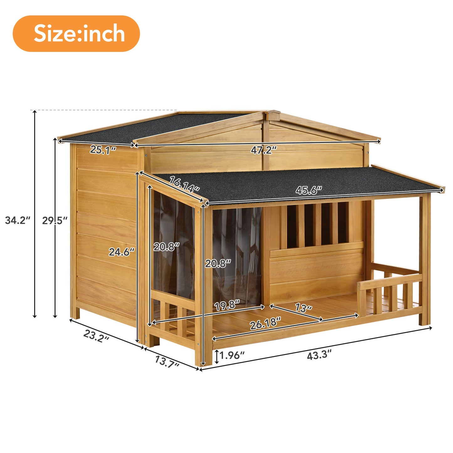 GO 47.2" Wooden Dog House, Outdoor & Indoor Dog Crate, Pet Kennel With Porch, Solid Wood, Weatherproof, Medium, Nature