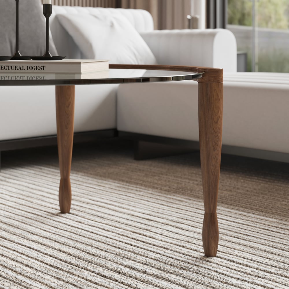 Mid Century Modern Glass Round Coffee Table with Wood Legs