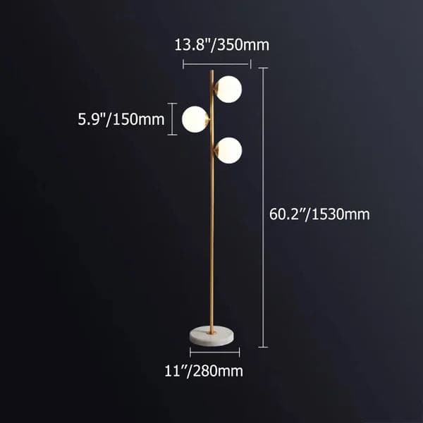 Lampadaire moderne à 3 lumières en forme d'arbre doré, abat-jour globe en verre blanc, base en marbre
