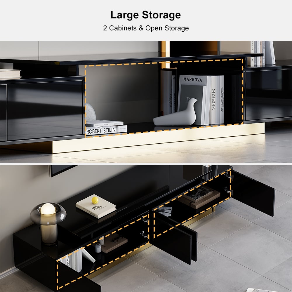 Mordelle Modern Rectangle Glossy Black Extendable TV Stand Storage for 65 to 85 inch TV