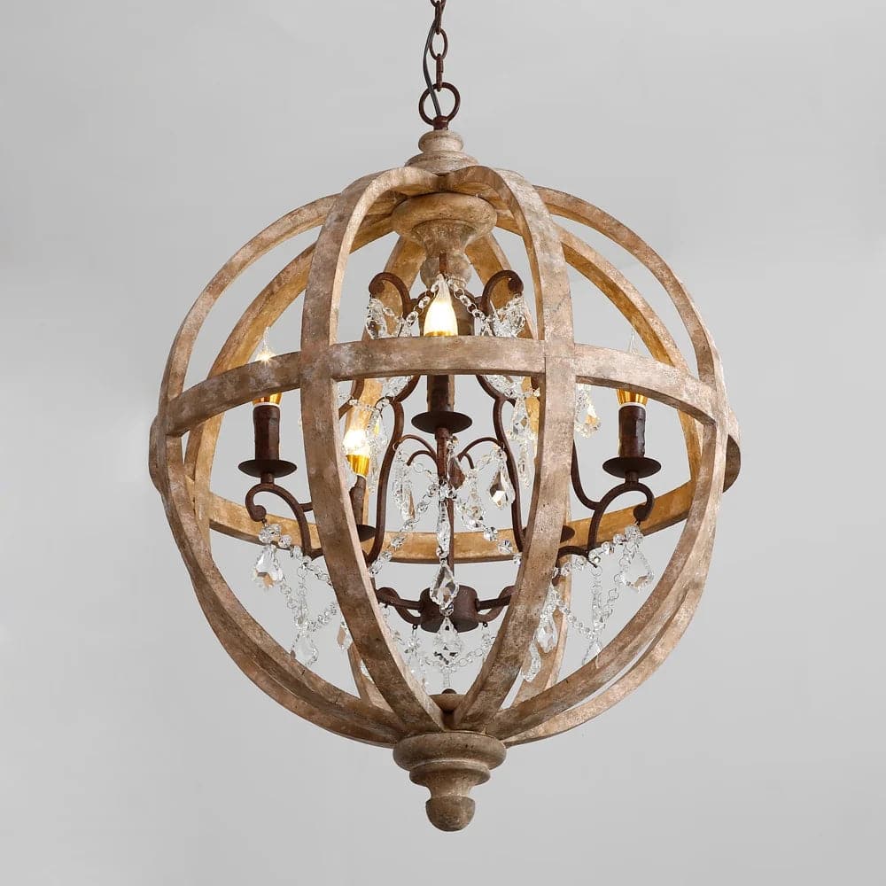 Lustre rustique à 5 lumières en forme de globe, plafonnier en bois patiné