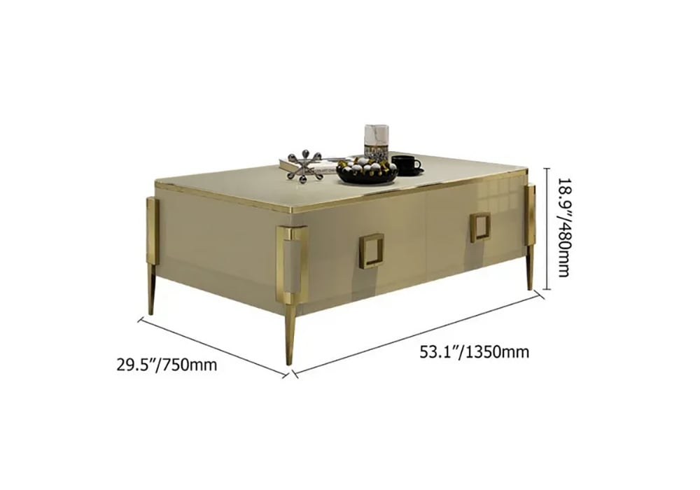 Modern Gold Rectangular Coffee Table with Drawers & Tempered Glass Tabletop