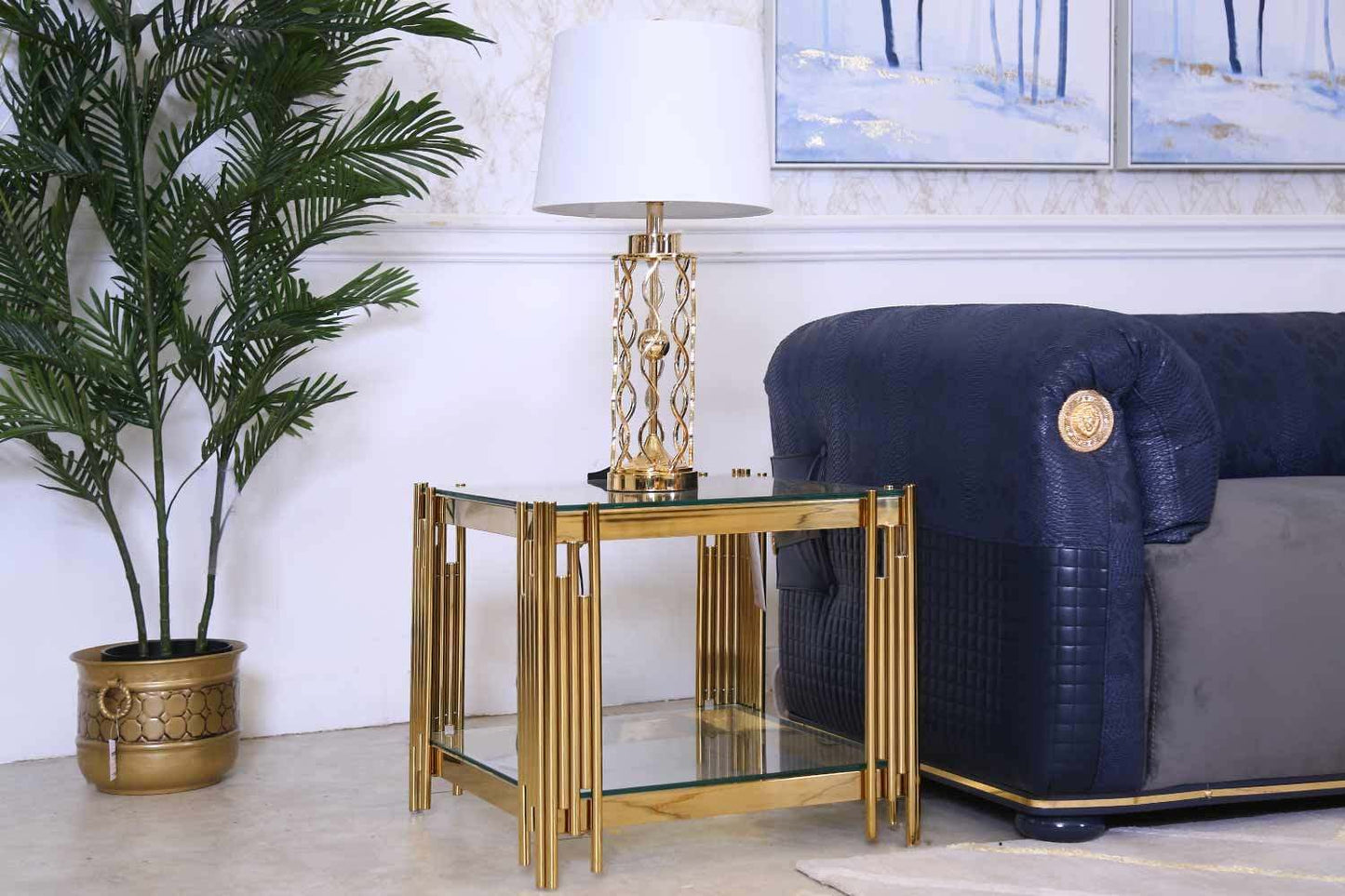 Woker Furniture 20" Wide Square End Table with Glass Top, Golden Stainless Steel Tempered Glass Coffee Table for Living Room&Bed Room