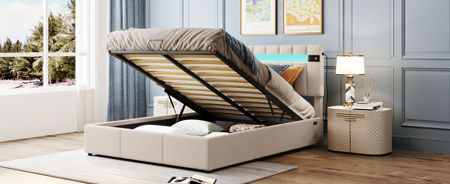 Lit rembourré Queen Size avec lumière LED, lecteur Bluetooth et chargement USB, lit de rangement hydraulique en tissu velours beige