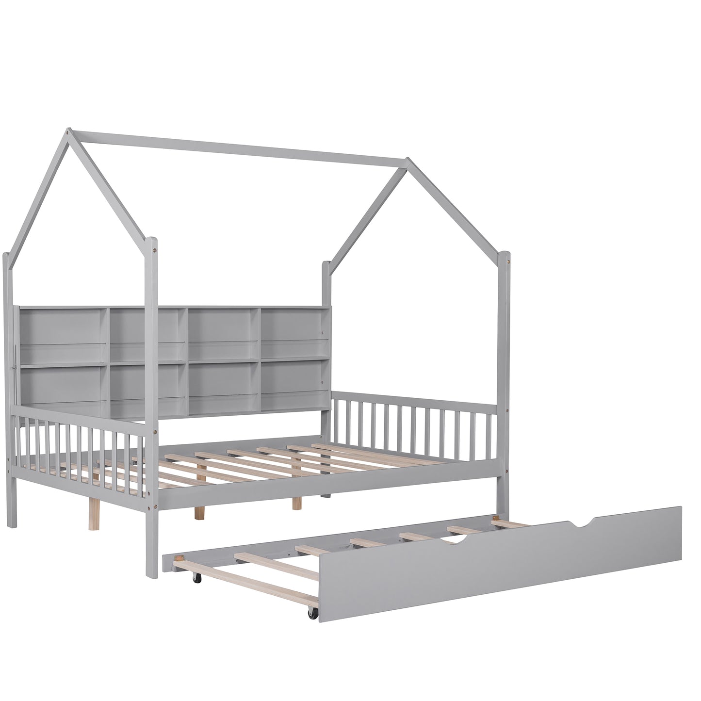 Lit maison pleine grandeur en bois avec lit gigogne, lit pour enfants avec étagère, gris