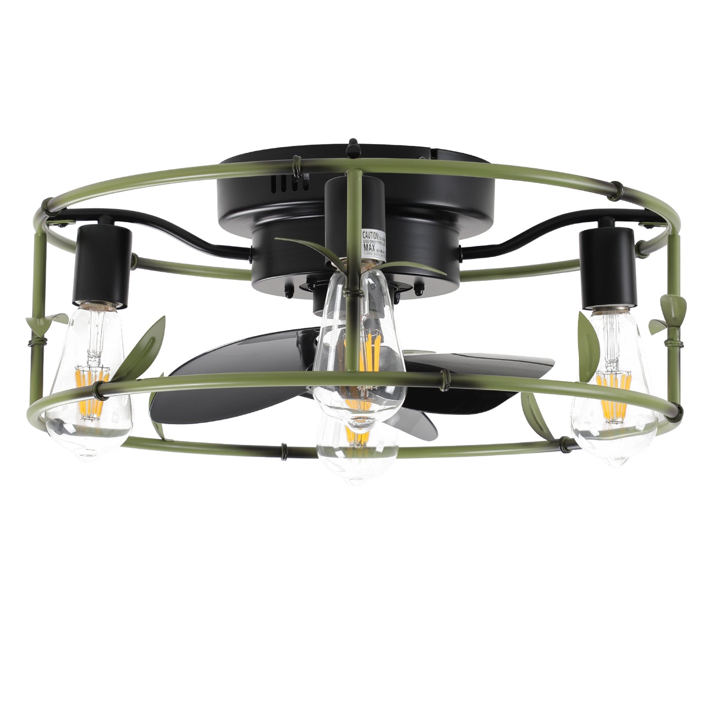 Flush Mount Green Caged Ceiling Fan with Remote - Stylish Metal Fan with Lights