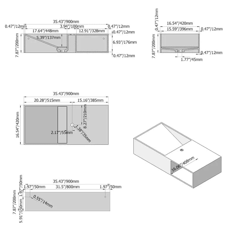 35" Wall-Mount Stone Resin Bathroom Sink in Matte White with Storage Cubby Hole