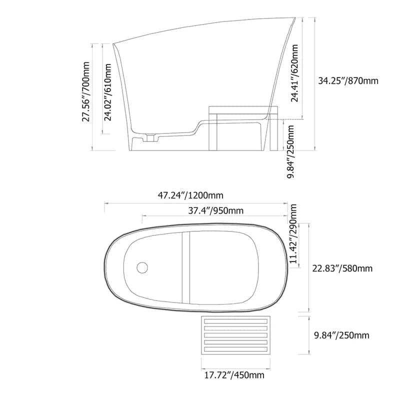 47 Modern Oblique Deep Freestanding Matte White&Black Stone Resin Japanese Soaking Bathtub#Black