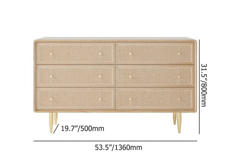 Commode de chambre nordique naturelle de 53 po avec 6 tiroirs en rotin tissé doré