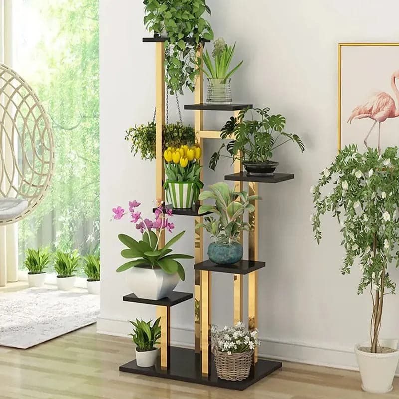 59.1" Tall Metal Plant Stand Indoor Modern 7 Tier Ladder Planter in Gold & White & Black