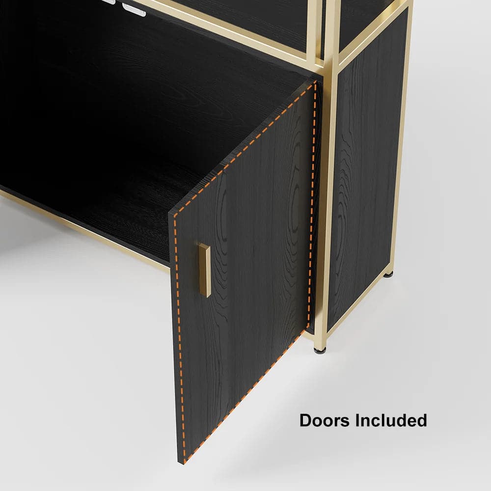 5-Tier Black Bookshelf with Doors Storage Cabinet Gold Frame#B