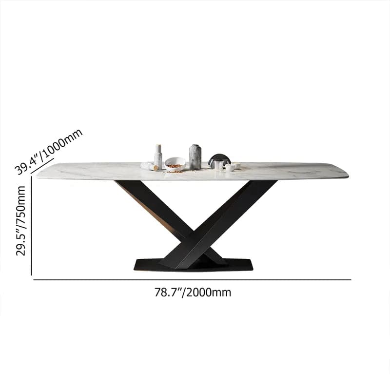Table de salle à manger rectangulaire moderne en faux marbre blanc de 63 po/71 po/79 po avec base en X en métal