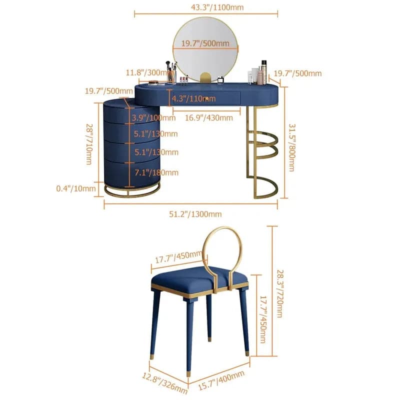 Blue Makeup Vanity Set with Side Cabinet Extendable Dressing Table Mirror and Chair#Blue