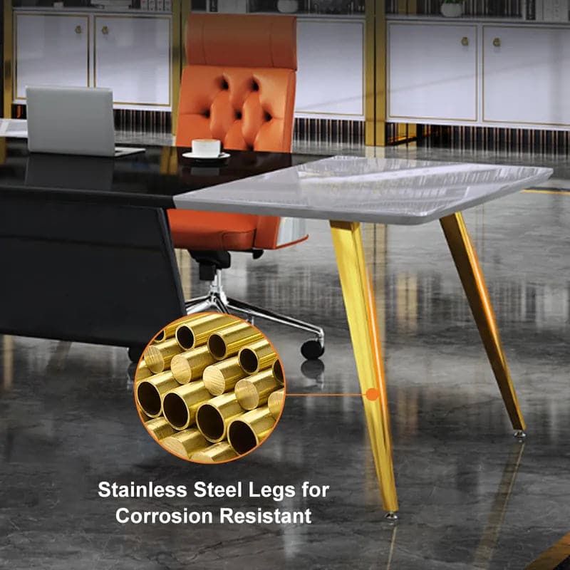 Bureau de direction moderne d'angle droit en forme de L avec rangement en blanc, or et noir