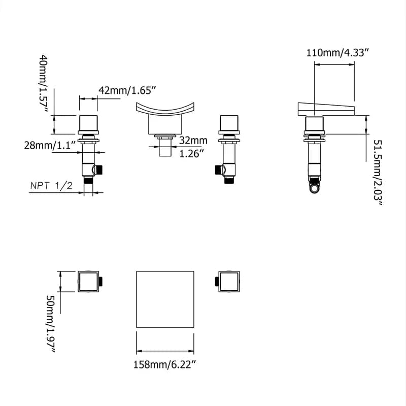 Robinet de lavabo de salle de bain à large cascade noire, boutons doubles