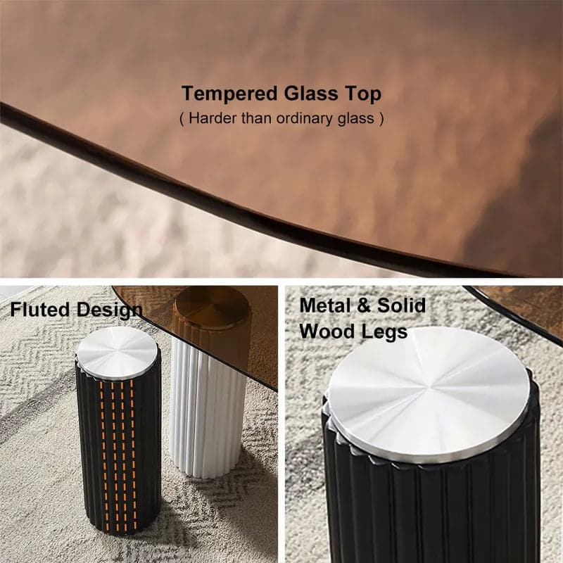 Table basse noire moderne avec verre trempé et pieds en bois massif