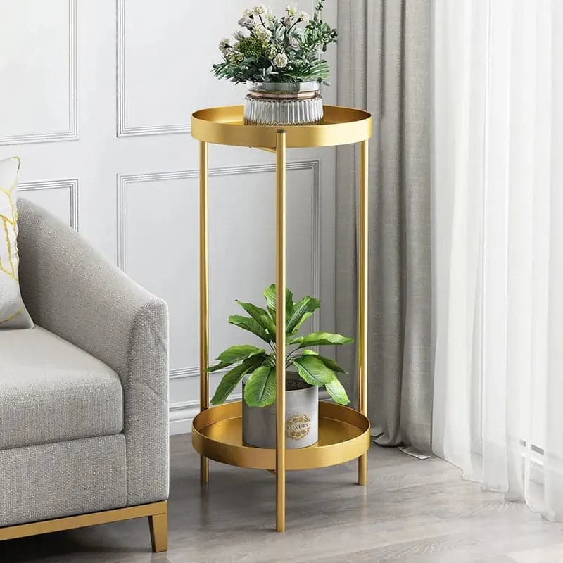 Round Metal Plant Stand 2-Tiered Gold Plant Pot Stand for Indoor in Small