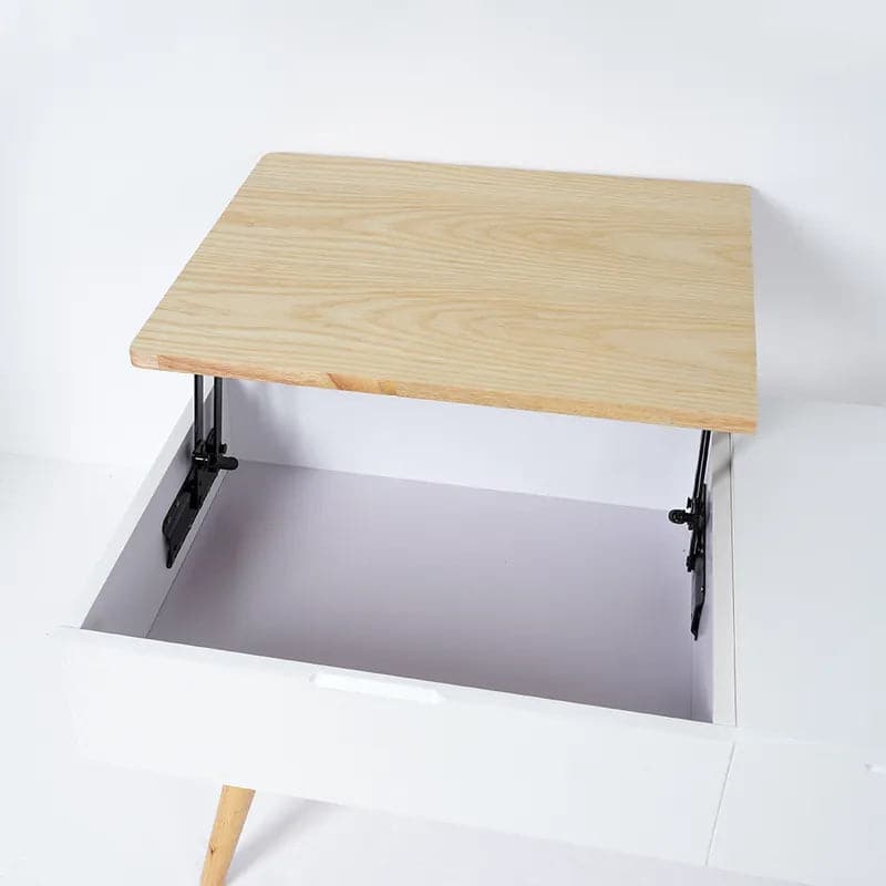 Table basse rectangulaire en bois blanc et naturel avec tiroir, table de rangement relevable