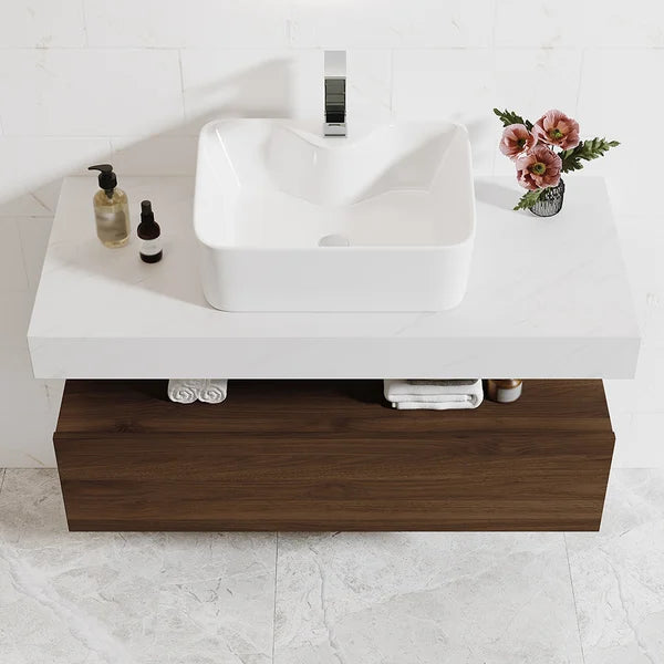 Modern Floating Bathroom Vanity Set With Single Sink White and Walnut