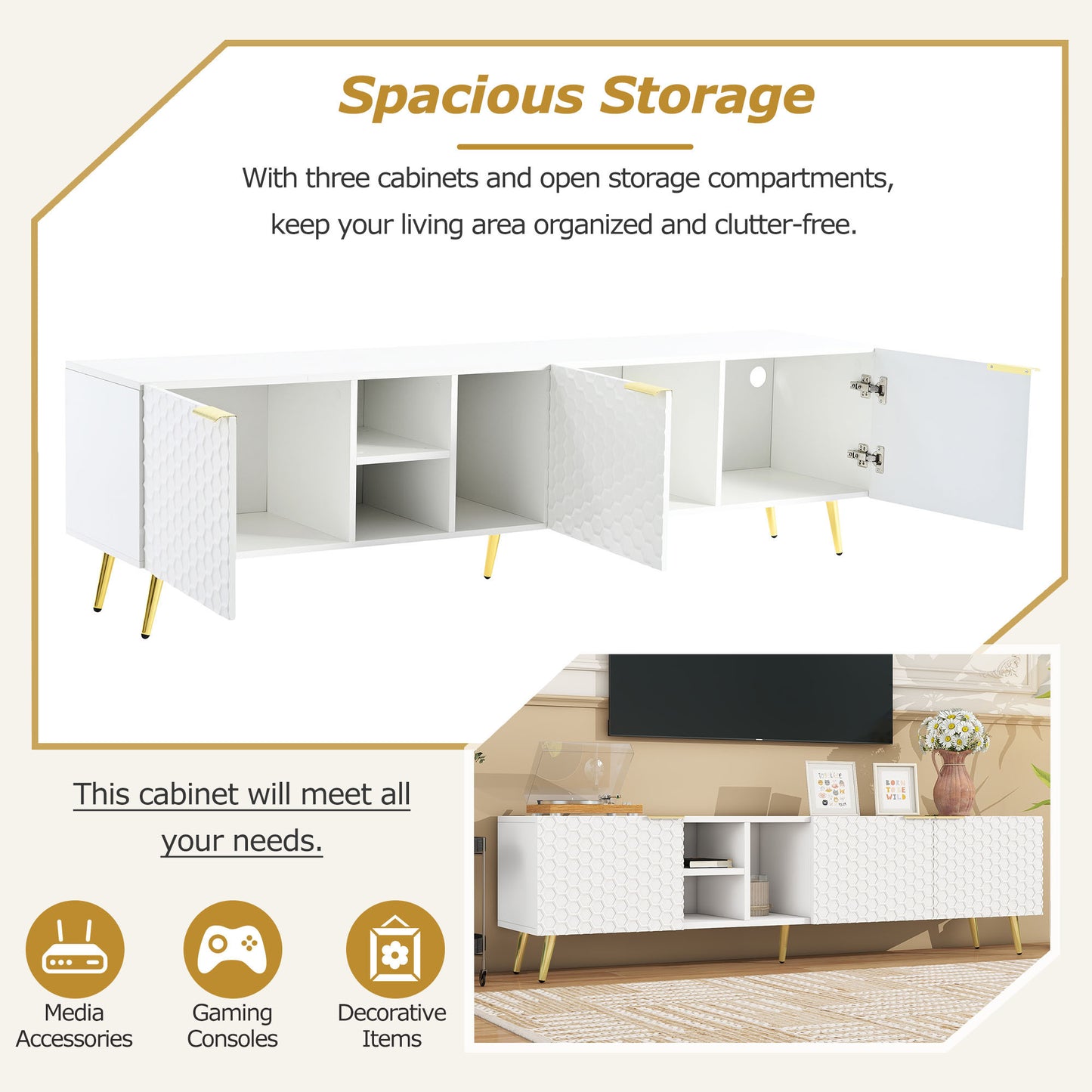 ON-TREND Modern Minimalist Geometric TV Cabinet with Metal Handles and Gold Legs for TVs Up to 80'', Multi-functional TV Stand with Storage Cabinets, Entertainment Center for Living Room, White