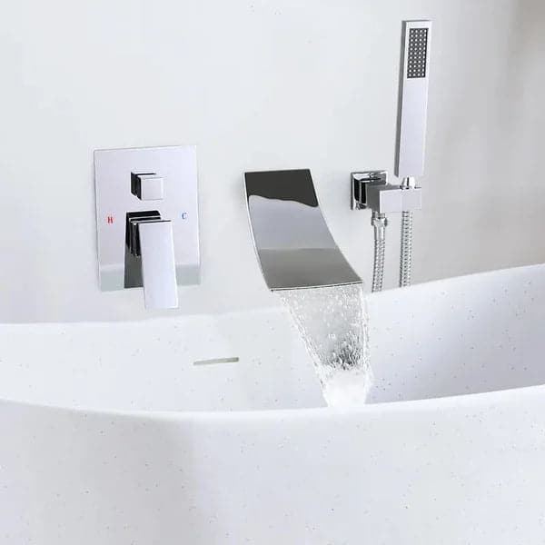 Waterfall Spout Wall-Mount Tub Filler Faucet Single Handle and Handshower Chrome