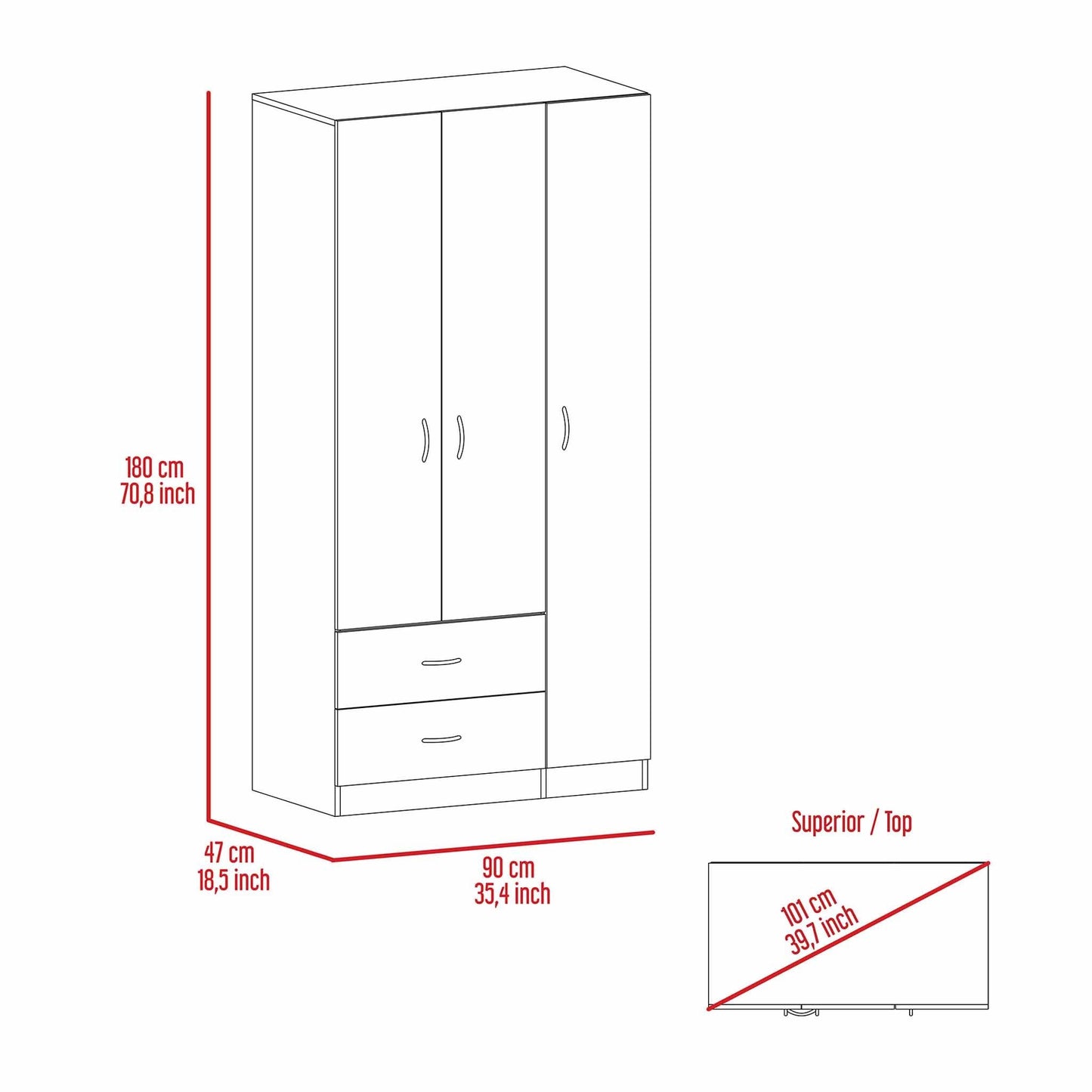 Armoire 2 tiroirs 3 portes Rowaton blanc