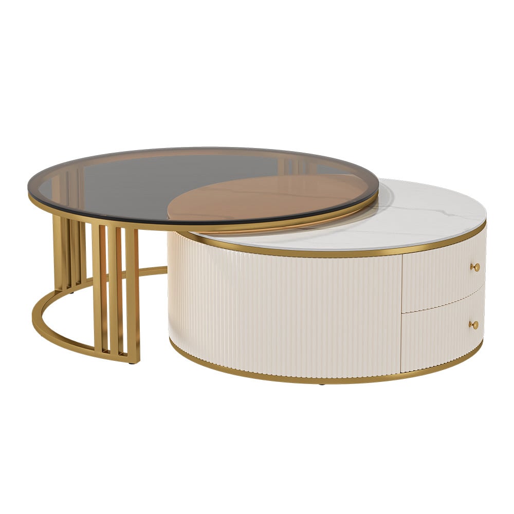 Modern Nesting Sintered Stone Top Off-White Round Glass Small Coffee Table with Storage