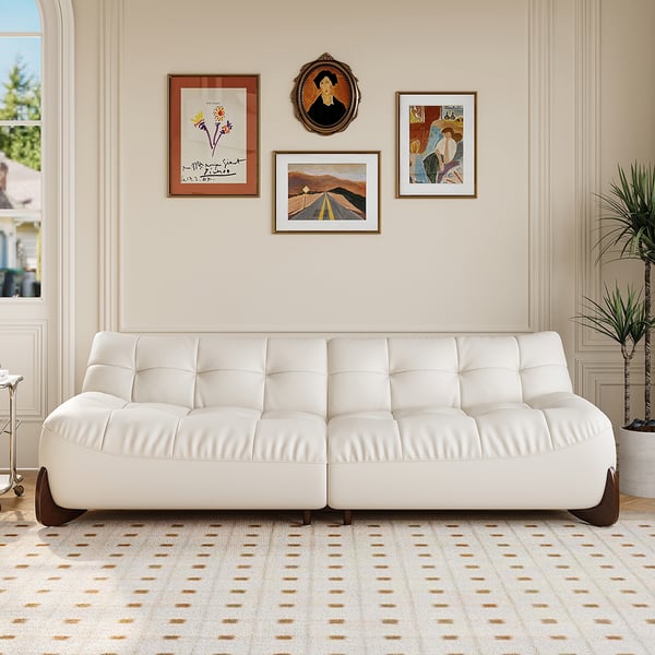 102" Modern White Leather Upholstered 3-Seater Sofa with Walnut Legs