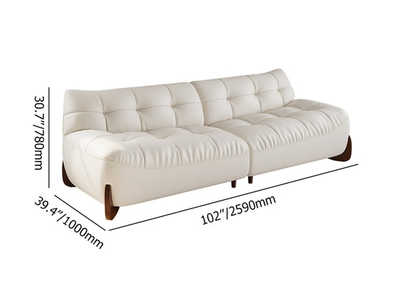 102" Modern White Leather Upholstered 3-Seater Sofa with Walnut Legs