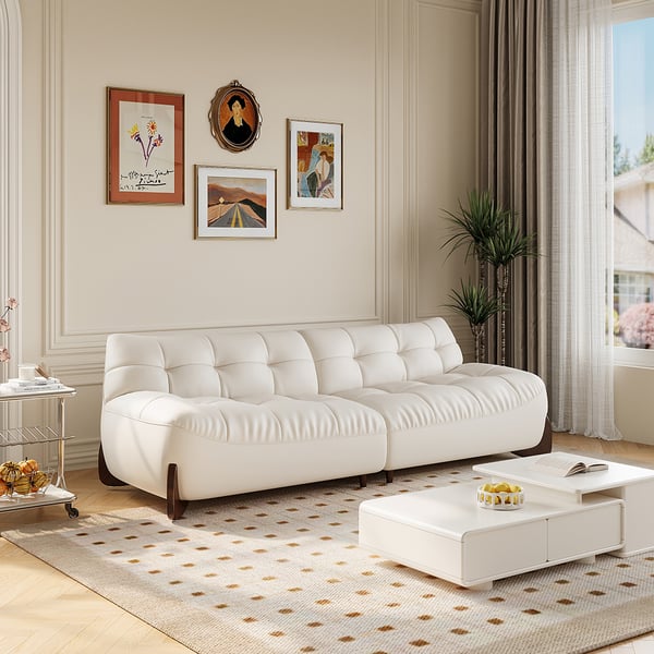 102" Modern White Leather Upholstered 3-Seater Sofa with Walnut Legs
