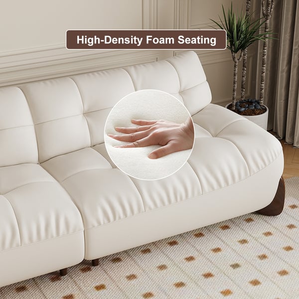 102" Modern White Leather Upholstered 3-Seater Sofa with Walnut Legs