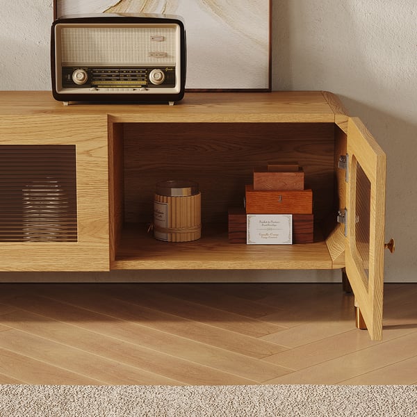 Meuble TV en bois naturel et acrylique de 78 pouces, console multimédia moderne rectangulaire en acier inoxydable