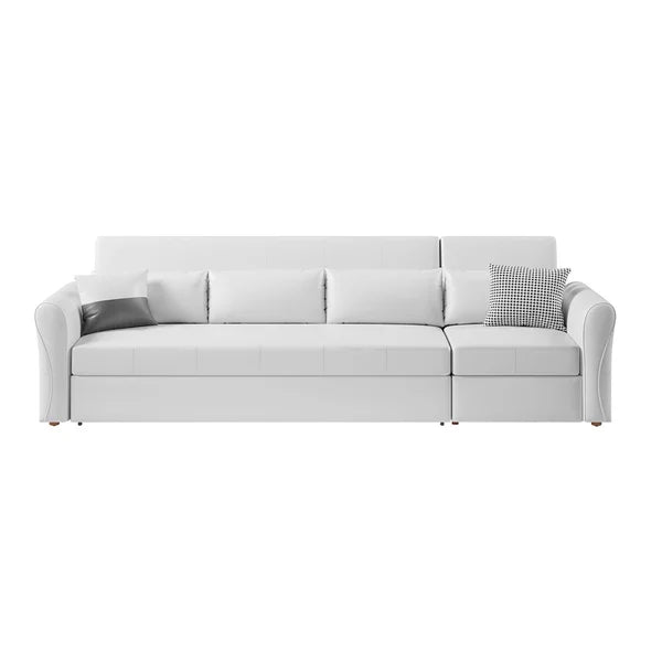 109" Power Reclining Sleeper Sofa Bed Convertible White Leath-Aire Tufted Upholstered