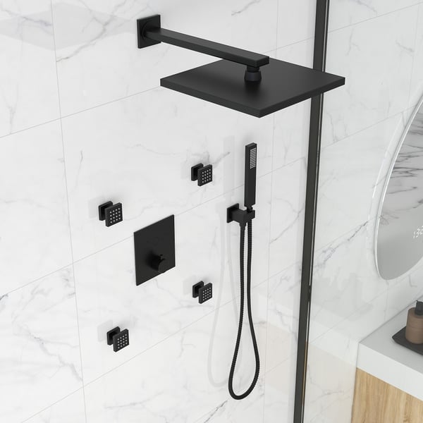 12'' Thermostatic Shower System Black Shower Head with 4 Body Jets and Hand Shower