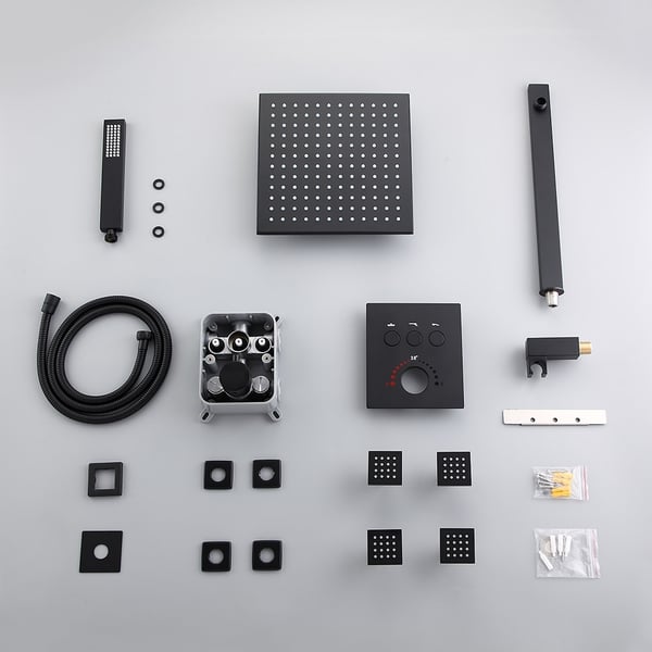 12'' Thermostatic Shower System Black Shower Head with 4 Body Jets and Hand Shower