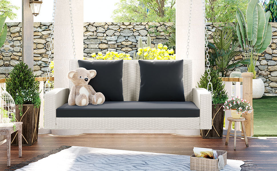 GO Balançoire de porche suspendue en osier pour 2 personnes avec chaînes, coussin, oreiller, banc de balançoire en rotin pour jardin, cour, étang. (Osier blanc, coussin gris)