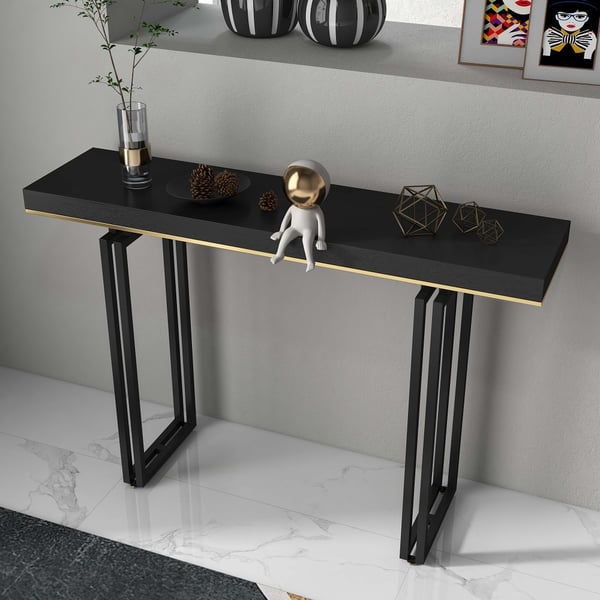 47 Inches Entry Accent Table Narrow Console Table Black Solid Wood & Metal in Large